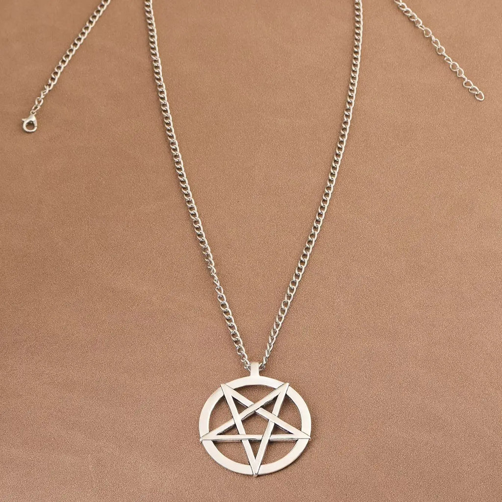 Large Pentacle Pentagram Round Star Of David Pendant Necklace Adjustable Length Long Jewelry Choker Link Chain Lagenlook 34"