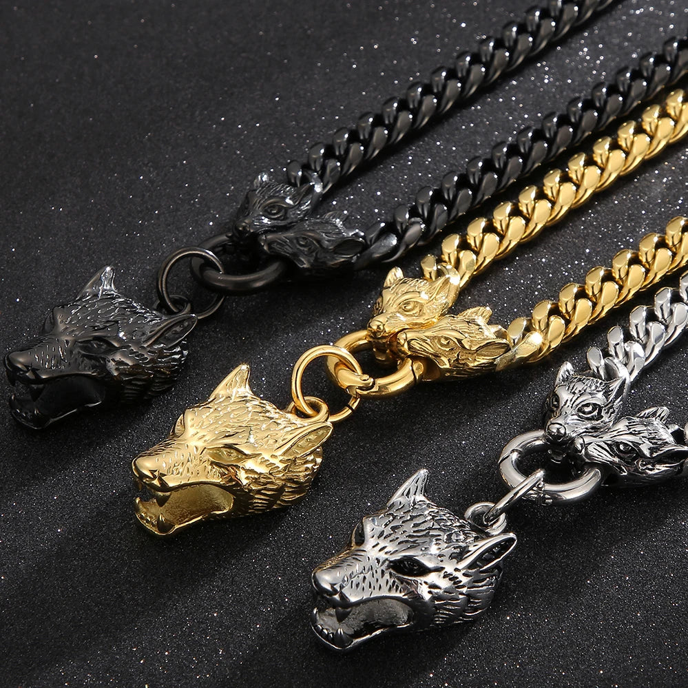 Massive Men's Wolf Head Pendant Necklace for Man 316L Stainless Steel Cuban Link Chain Gothic Hip Hop Streetwear Viking