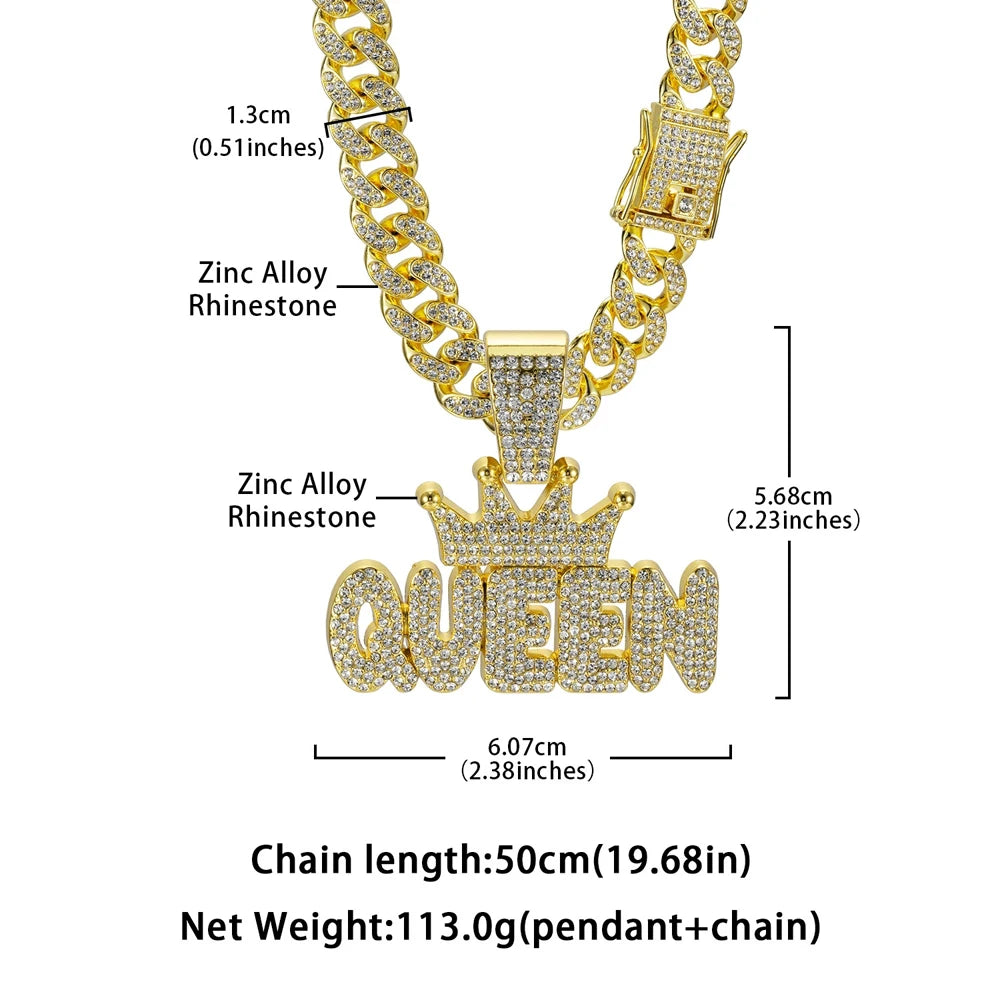 Men's Hip Hop Crown with QUEEN Letter Pendant Necklace For Women Crystal Cuban Chain Iced Out Bling Necklaces Rock