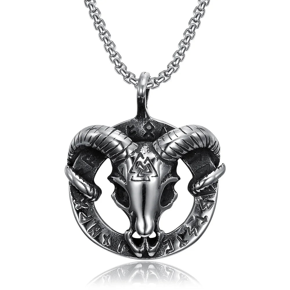 Vintage Viking Nordic Goat Skull Valknut Pendant Necklace For Men Stainles Steel Rune Biker Unique Amulet Jewelry Gift Wholesale