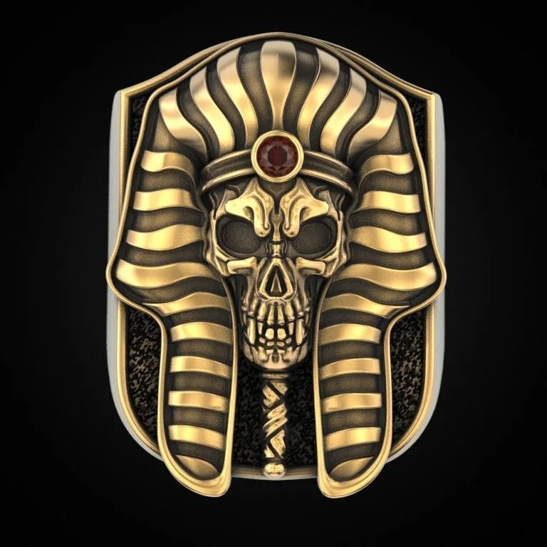 2026 New Egyptian Pharaoh Skull 925 Silver Plated Gold Two tone Ring European and American Exaggerated Punk Punk Ring