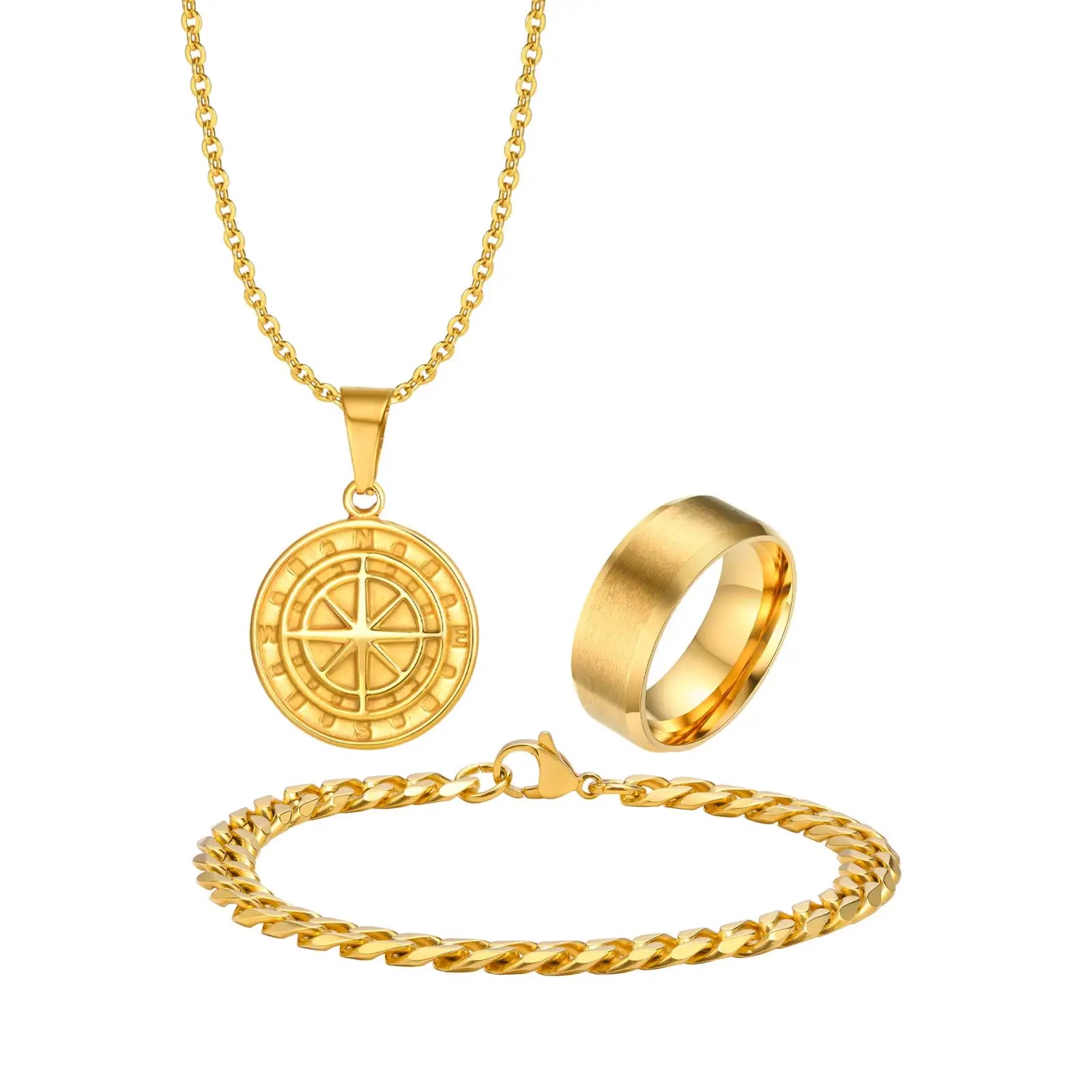 3pcs Classic Compass Necklace Set Gift for Men,Silver Gold Color Stainless Steel Bracelet Ring,Simple Jewelry Set