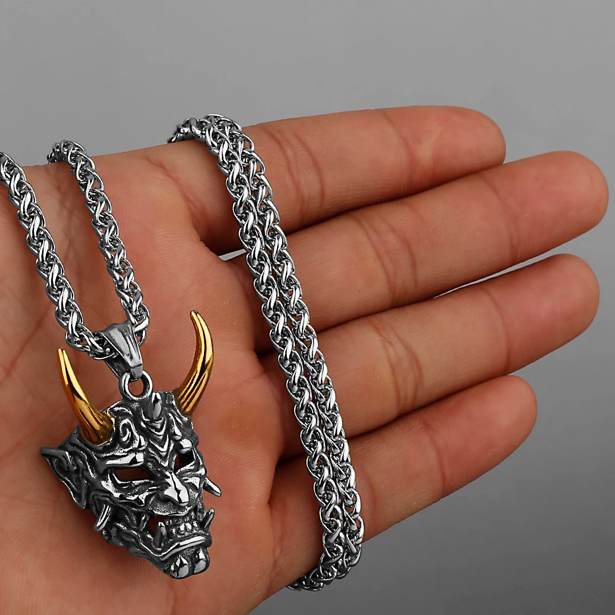 Vintage Samurai Mask Demon Skull Pendant Necklace Men's Mixed Gold Color Horn Accessories Biker Punk Hip Hop Necklace