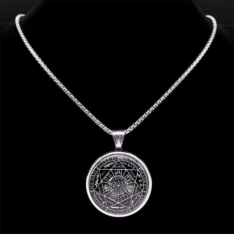 Seal of Seven Archangels Medal Stainless Steel Glass Necklace Seal of Solomon Talisman Necklace Protection Jewelry