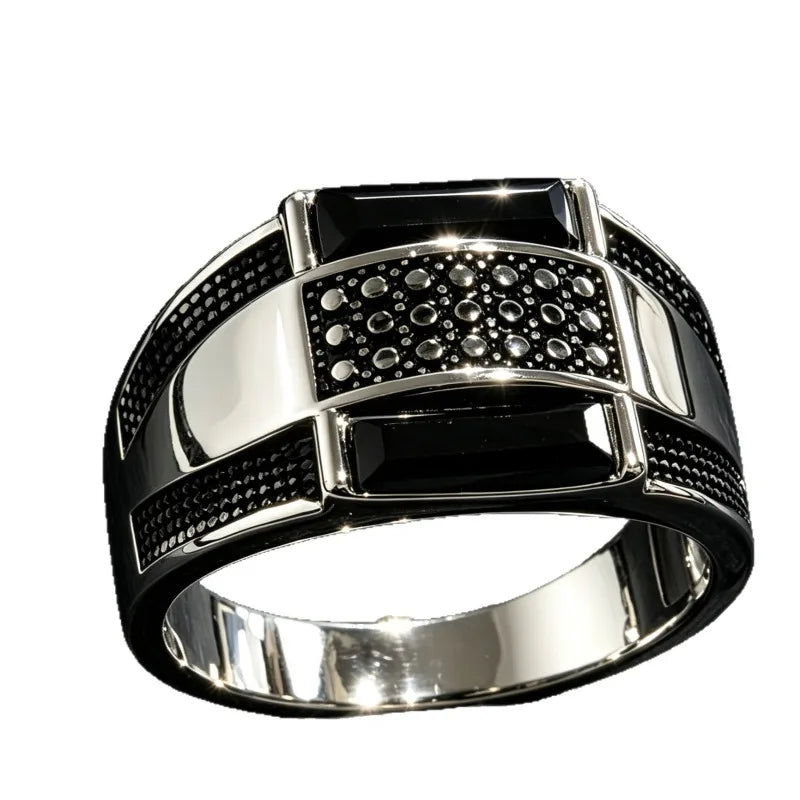Retro Punk Statement Ring for Men — Silver-Tone, Black