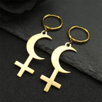 Cross Moon Gold Earrings Crescent Inverted Astrological