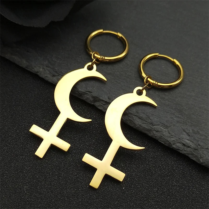 Cross Moon Gold Earrings Crescent Inverted Astrological