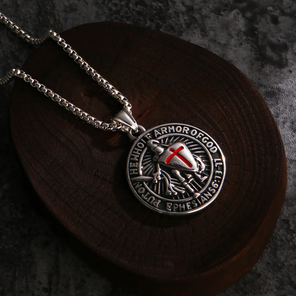 1PC INGX Stainless Steel Men's Retro Knight Cross Shield Pendant Necklace for Men Medieval Viking Necklace Man Jewelry