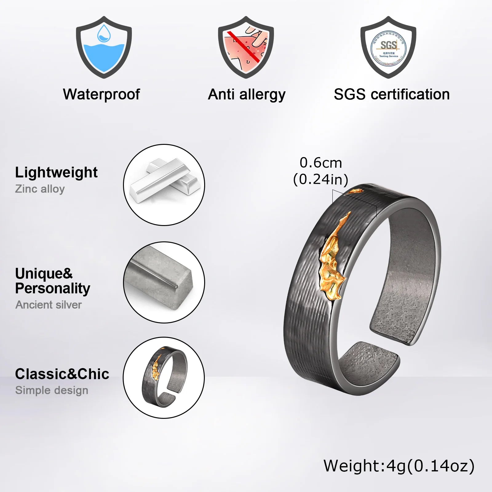 Vnox Personality Lava Open Ring for Men, Adjustable Vintage Oxidized Metal Finger Band,Fashion New Male Jewelry