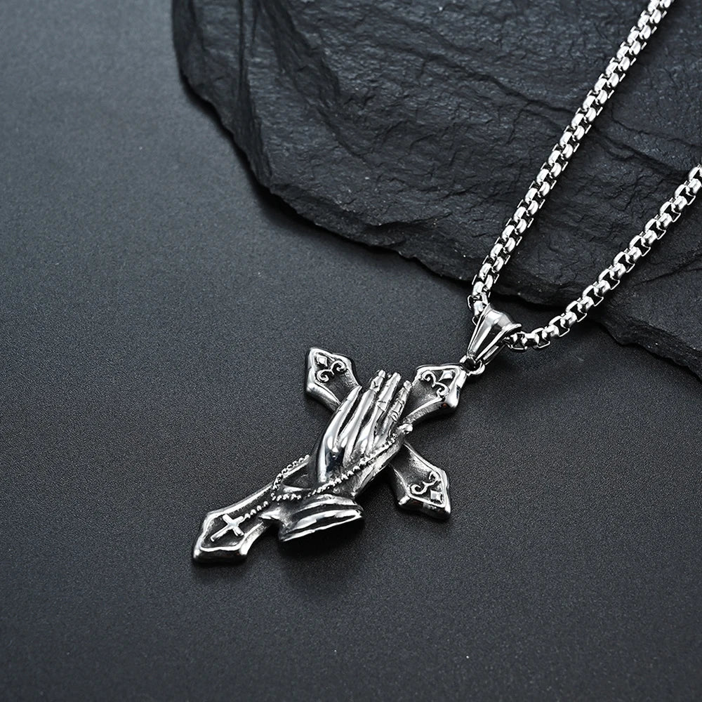 Stainless Steel Cross Praying Hands Pendant Necklace