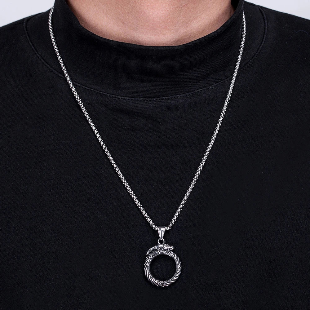 Silver Dragon Circle Pendant Necklace Stainless
