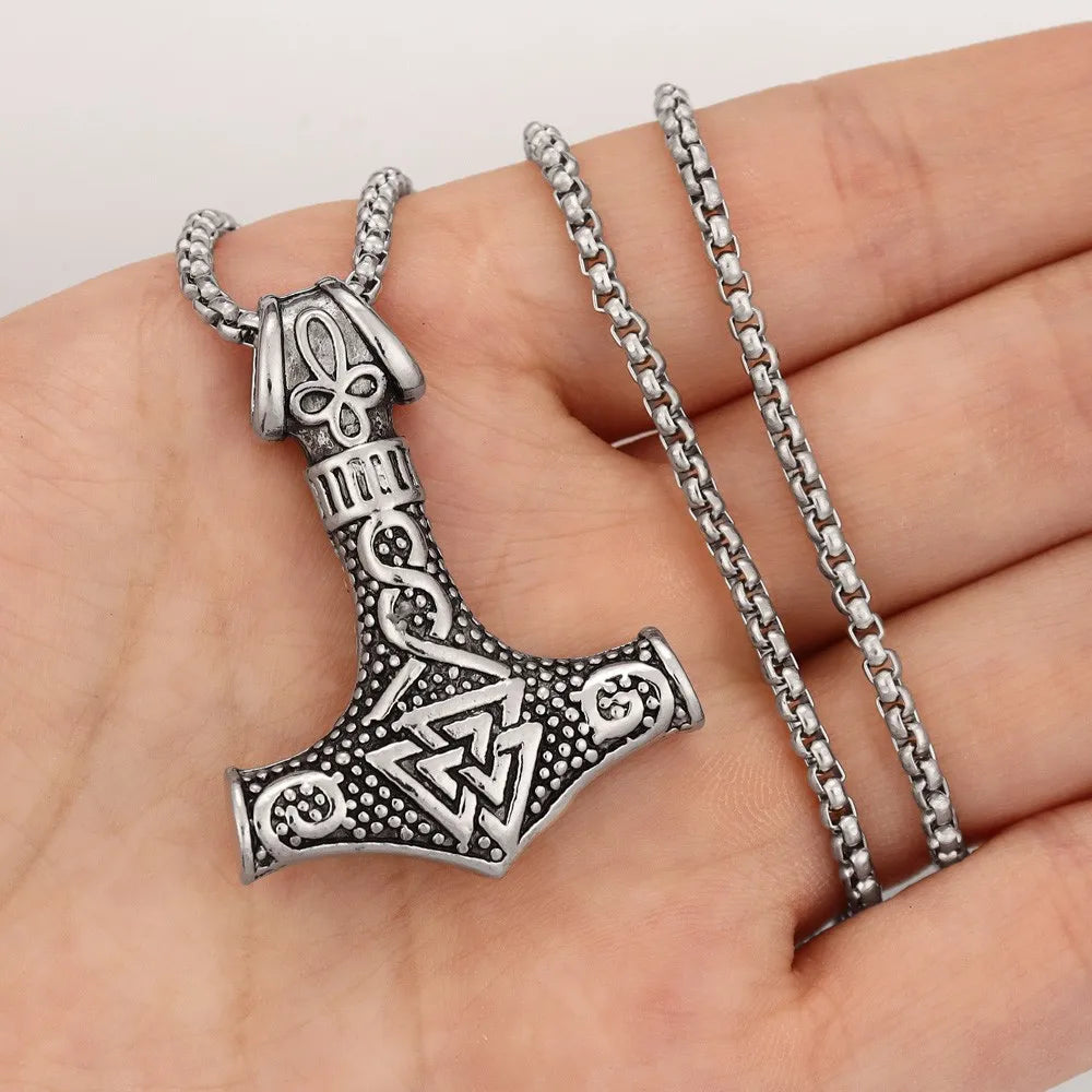Vintage Viking Animation Style Pendant Necklace Titanium Steel Nordic Thor Hammer Triangle Knot Pendant Men's Necklace