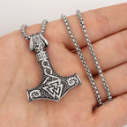 Vintage Viking Animation Style Pendant Necklace Titanium Steel Nordic Thor Hammer Triangle Knot Pendant Men's Necklace