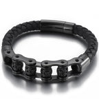 Rotatable Relieve Stress Skull Head Beads Bracelets for Man Punk Gothic Stainless Steel & Leather Motorcycle Biker