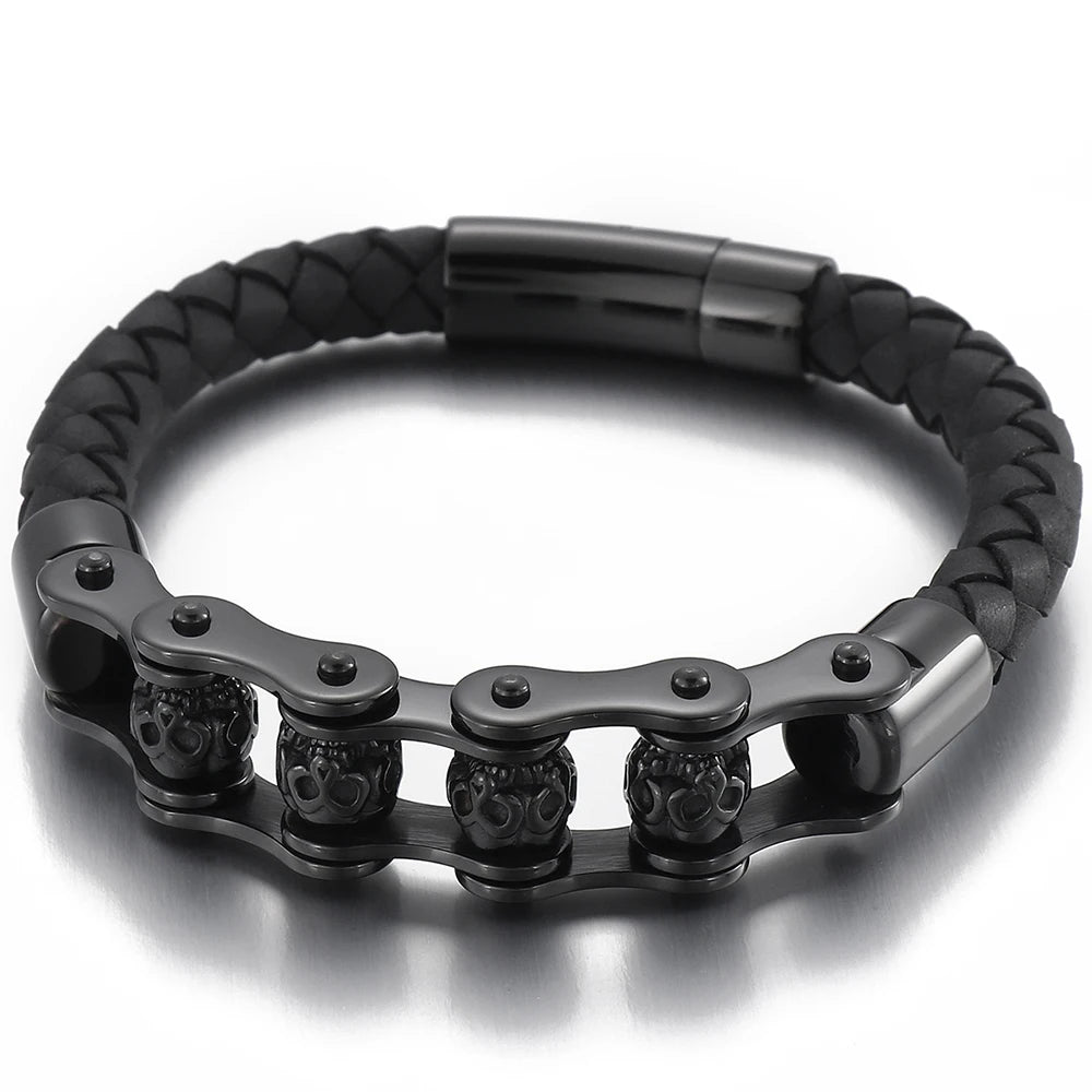 Rotatable Relieve Stress Skull Head Beads Bracelets for Man Punk Gothic Stainless Steel & Leather Motorcycle Biker