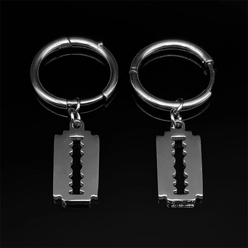 Hip Hop Razor Blade Dangle Earrings For Women Men Stainless Steel Silver Color Male Man Pendant Drop Earring Jewelry