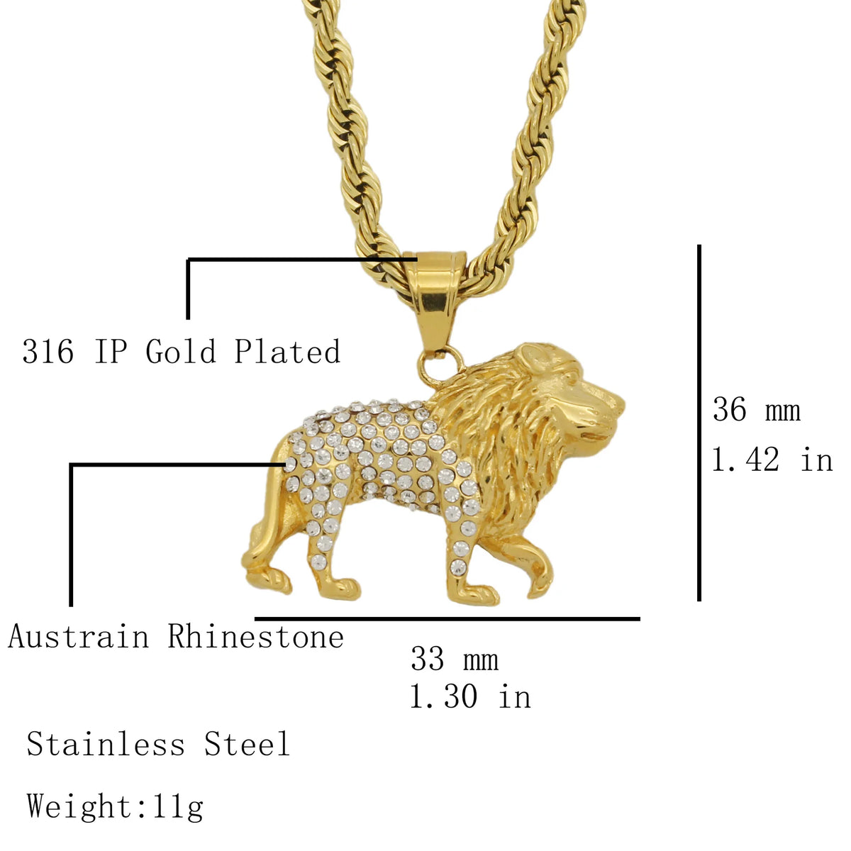 Iced Out Lion Pendant Necklace — Rhinestone, Gold & Silver, 70cm