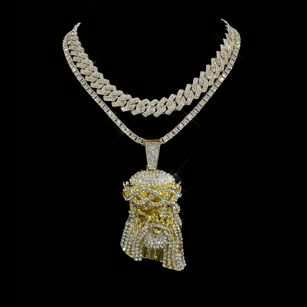 Stylish 3D Jesus Pendant Necklace - Hip Hop Inspired with Layered Cuban & Tennis Chains, Rhinestone Accents,Fashion