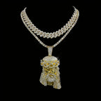 Stylish 3D Jesus Pendant Necklace - Hip Hop Inspired with Layered Cuban & Tennis Chains, Rhinestone Accents,Fashion
