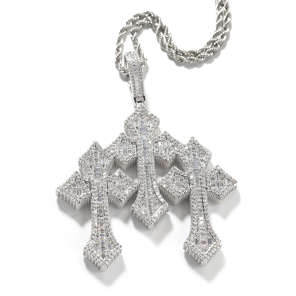 THE BLING KING 3pcs Cross Set Pendant Necklace Iced Out Baguettecz Cubic Zirconia Link Chain Luxury Hiphop Jewelry For