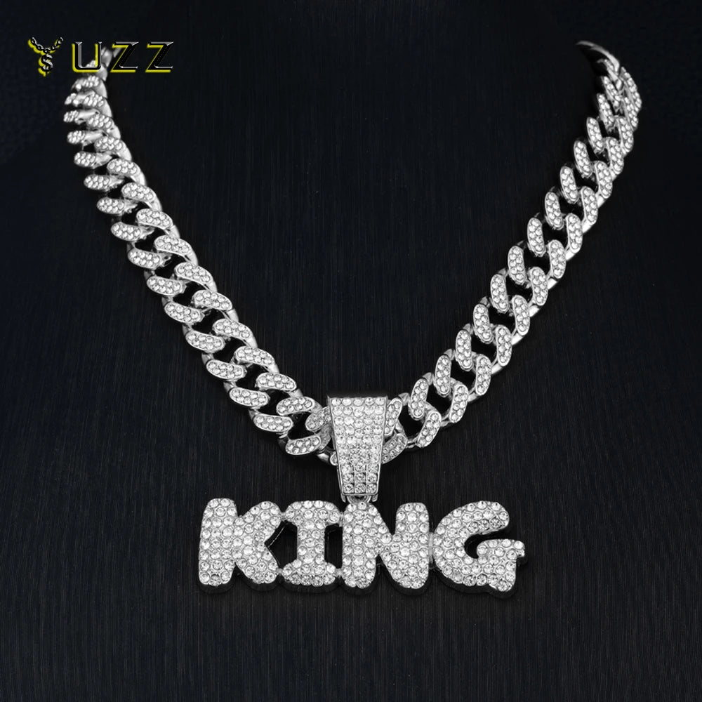 Men Hip Hop Bling KING Letter Pendant Necklace With Miami Cuban Link Chain Full Crystal  Necklaces Men Male Hiphop Charm Jewelry