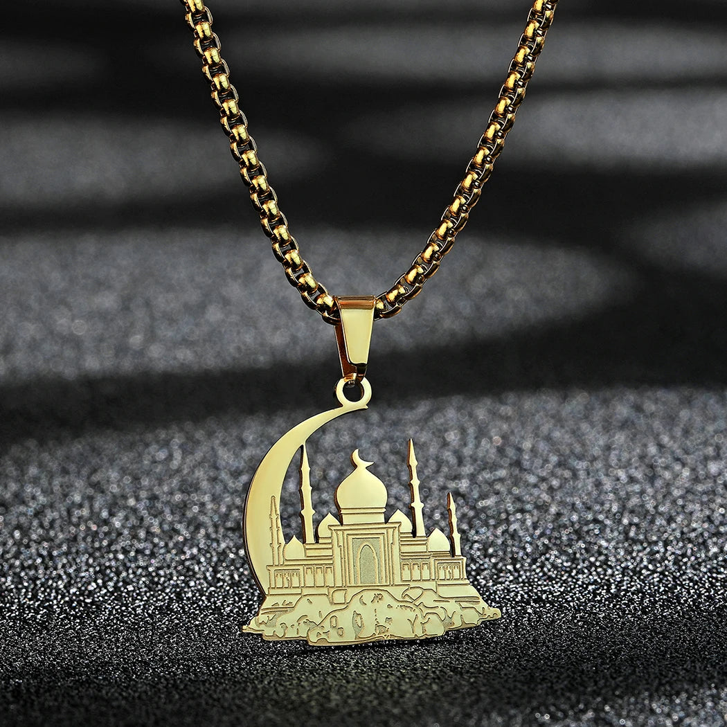 Islamic Mosque Crescent Moon Pendant Necklace — Stainless Steel
