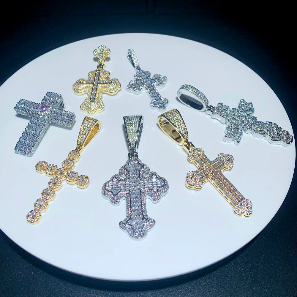 New Iced Out Bling CZ Cross Pendant Necklace Silver Color Prong Setting Cubic Zirconia Jesus Charm Men Women Hip Hop