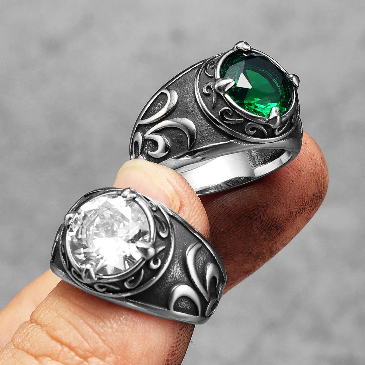 Gemstone Carved Ring — Stainless Steel