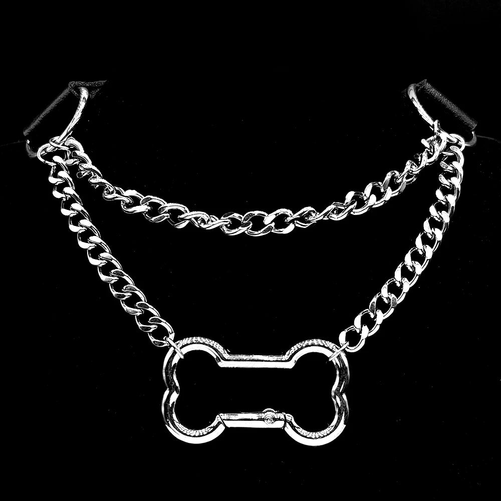 Gothic Bone Carabiner PU Leather Choker Double Silver Color Curb Chain Adjustable Rivet Neck Collar Punk Egirl Street