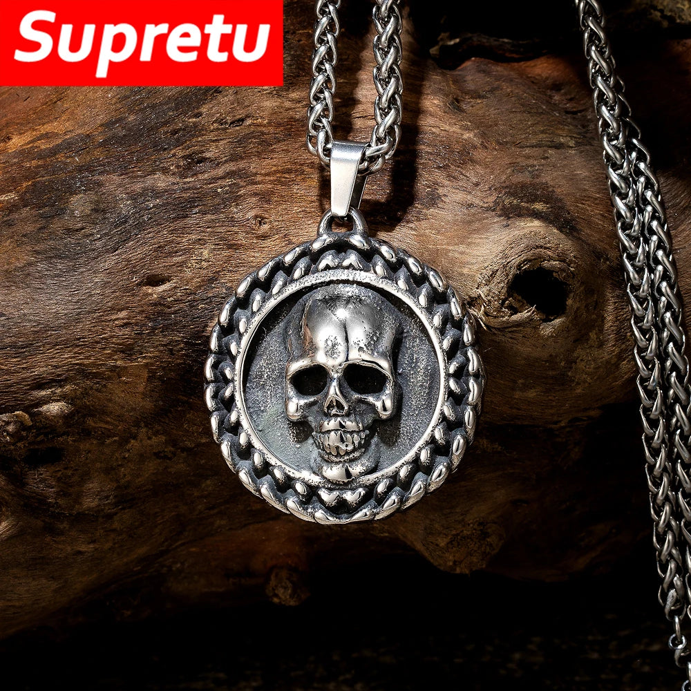 Viking Double-Sided Skull Pendant Necklace — Stainless