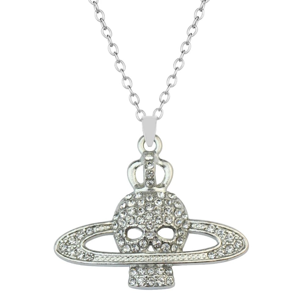 Fashion Rhinestone Skull Cross Saturn Couples Chain Silver Color Metal Necklace Punk Women Men Party Jewelry Gifts