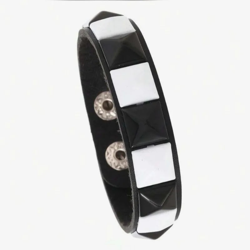 Punk Personality Simplicity Geometry Retro Black and white Square rivets Leather Stainless steel Hand bracelet Wristband
