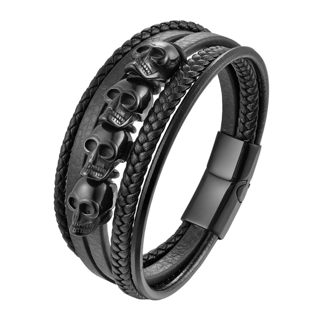 Multi-layer Bracelet Punk Stainless Steel Charm Magnetic Black Men's Leather Bracelets Skull Braided Bangles Jewelry