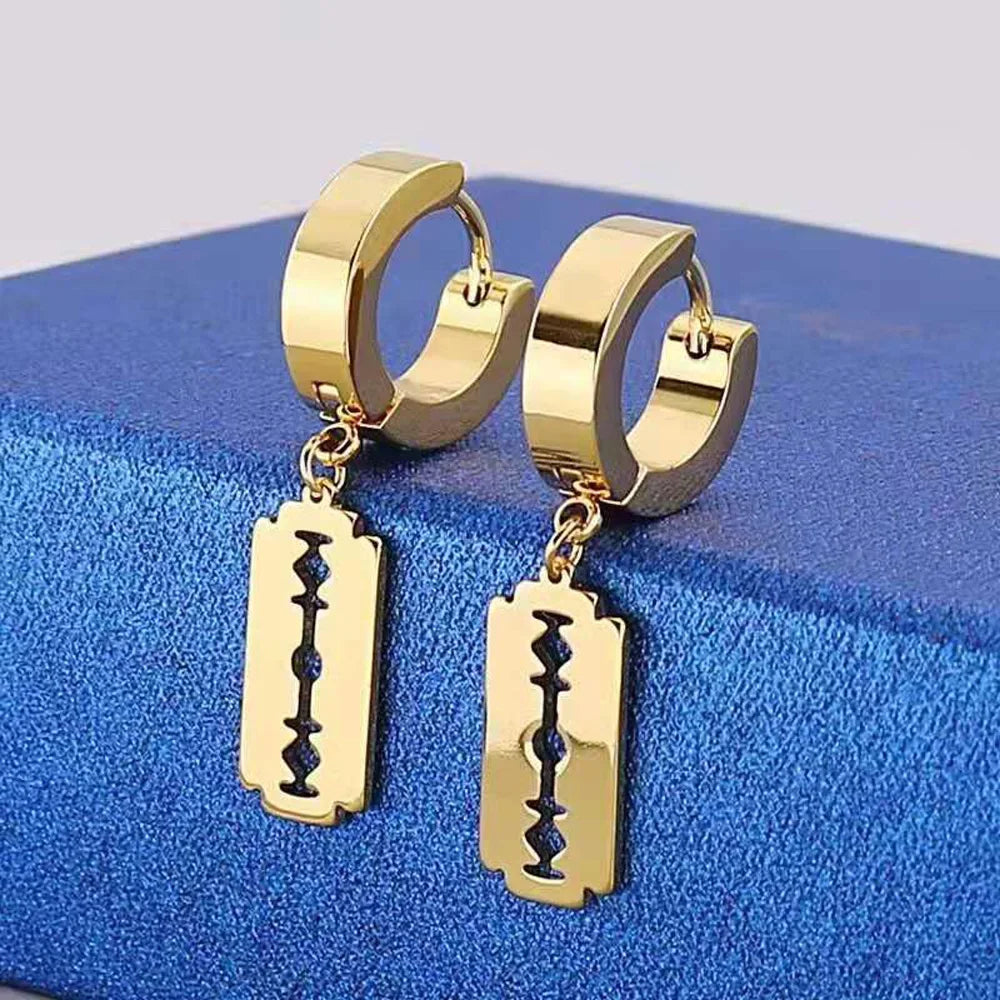 Stainless Steel Gold Razor Blade Drop Earrings Small Hoop Dangle Ear Jewelry Rock Roll Men Women Fashion Gift