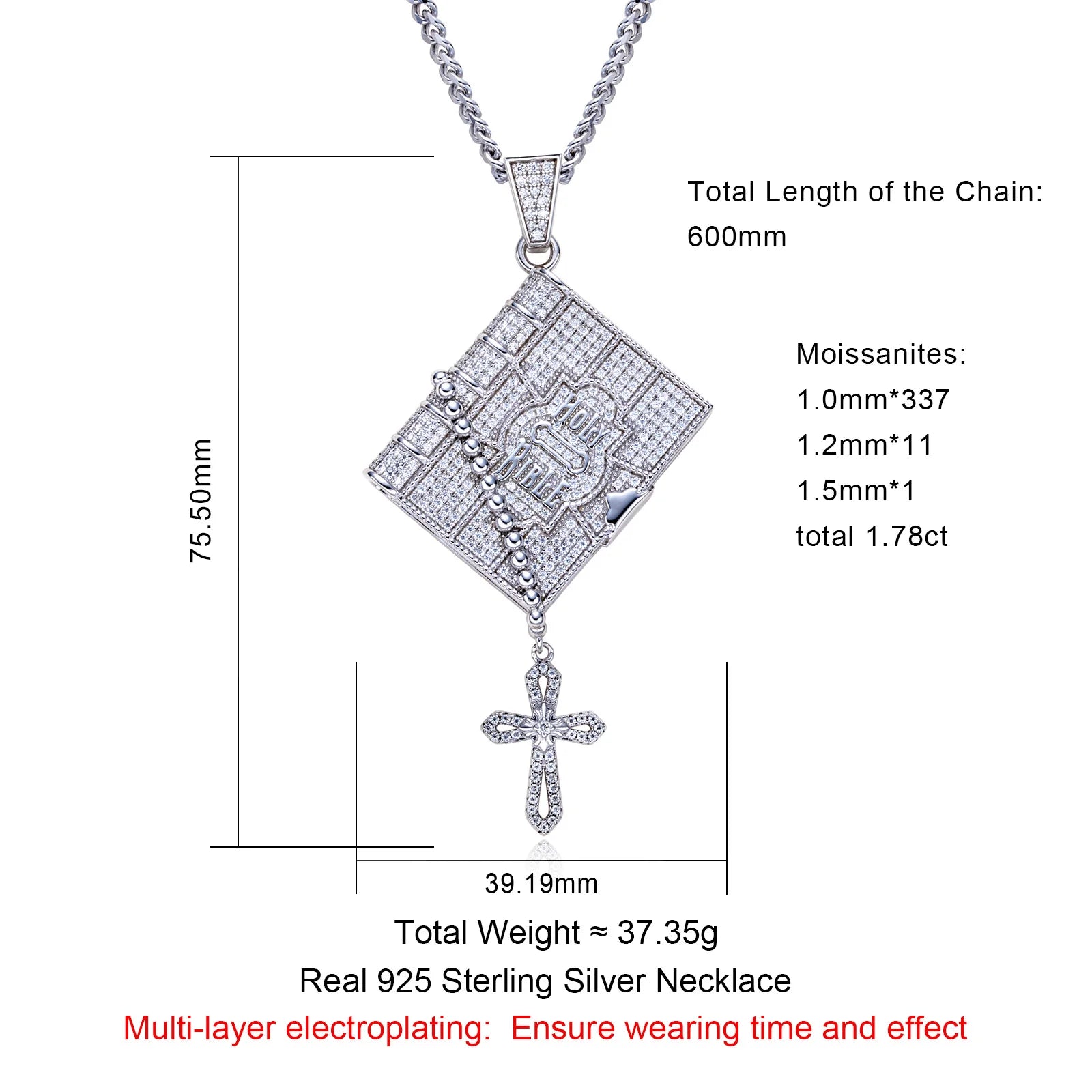 Iced Out Bible Cross Pendant — 925 Silver