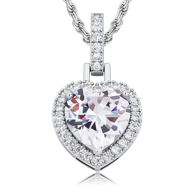 Iced Out Heart Pendant Necklace Stainless Steel CZ