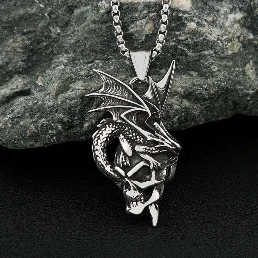Dragon Skull Winged Pendant — Stainless Steel