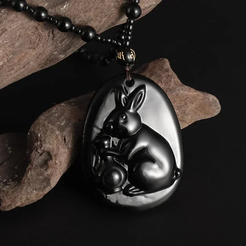 Obsidian Gossip Pendant Necklace Carving Dragon and Phoenix Shape Lucky Amulet Jewelry Six-Character Mantra Pearl