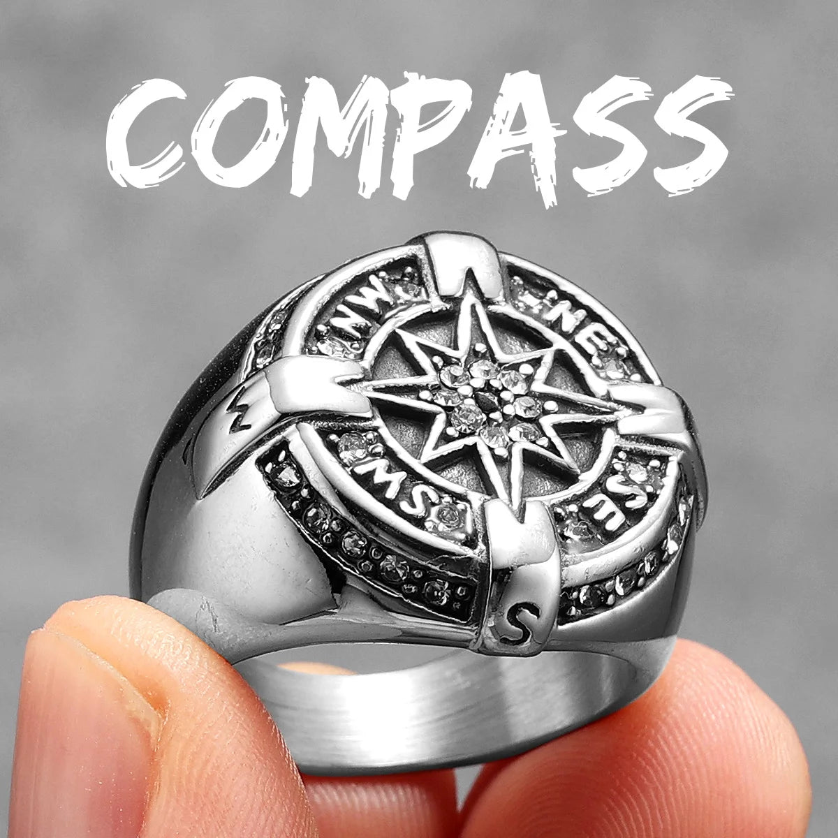 Iced Out Compass Ring — Stainless Steel