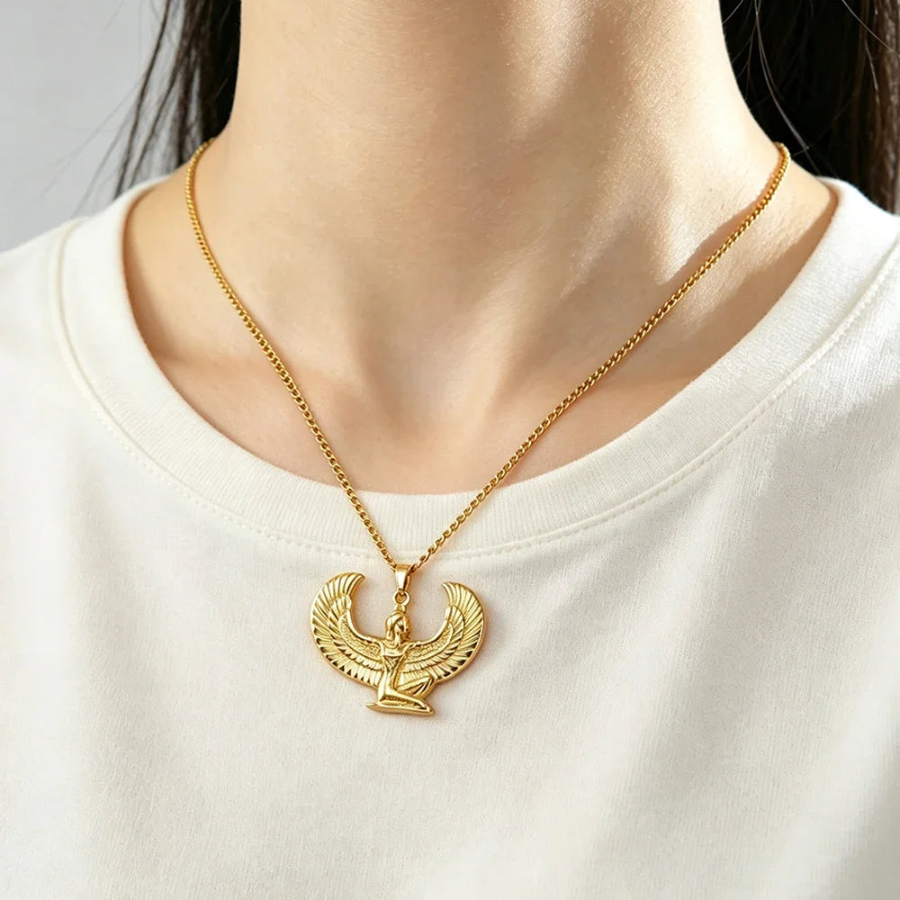 Egyptian Ankh Eagle Wings Feather Necklace — Stainless Steel