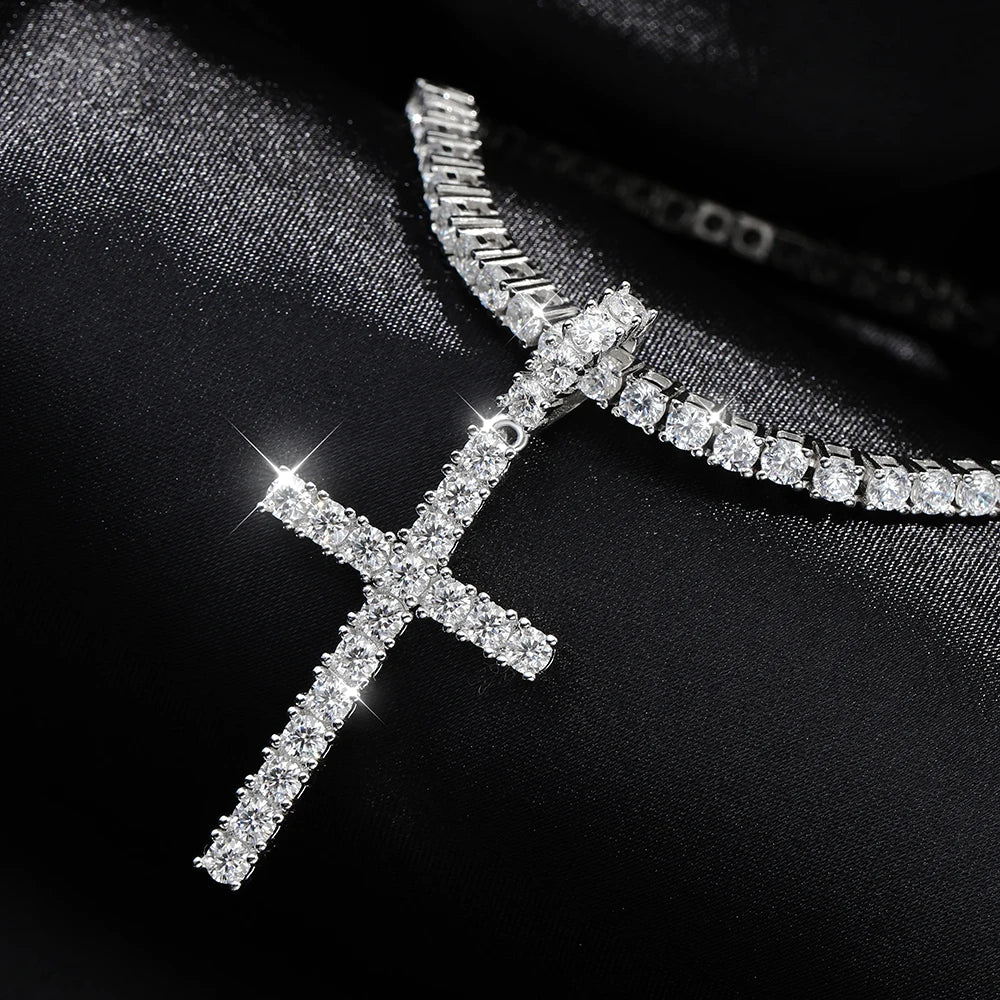 KNOBSPIN Full Moissanite Tennis Necklace with Pendant 925 Sterling Sliver Plated 18k Chain for Man Sparkling HipHop Party Jewely
