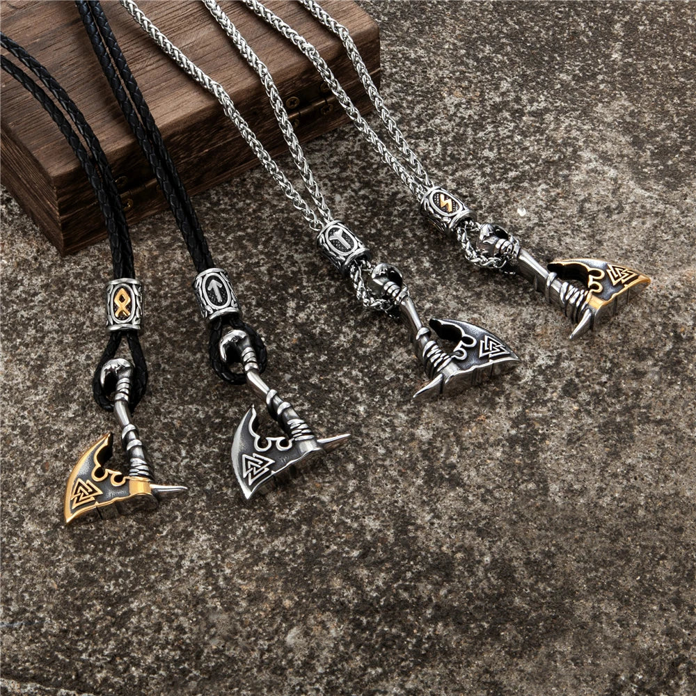 Never Fade Norse Runes Vikings Ax Necklaces Men Stainless Steel Self-defense Hatchet Pendant Valknut Amulet