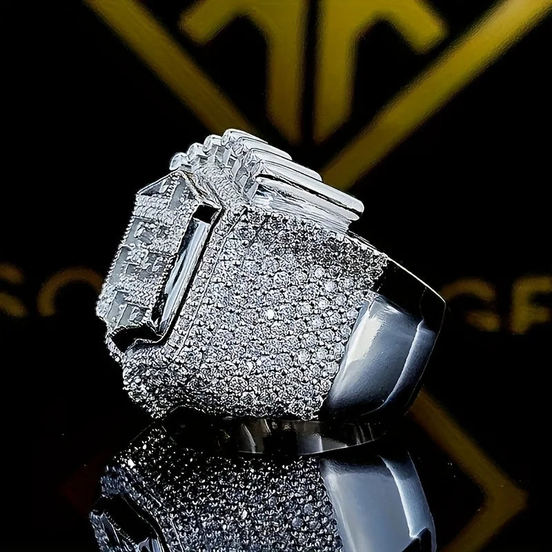 2025 New Men's 925 Sterling Silver Ring Vintage King Crown Iced Out Hip Hop Rings White Gold Plated Huge Punk Rapper