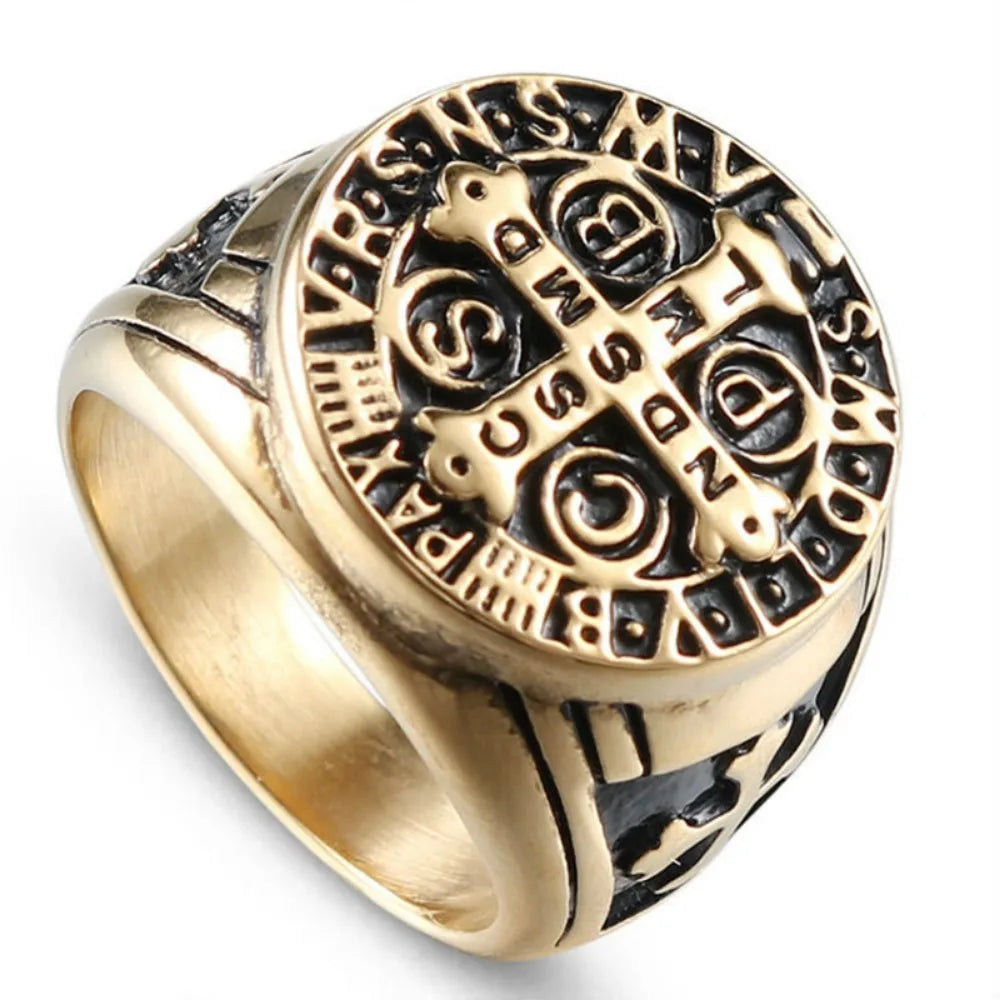 New Vintage Religious St. Benedict's Cross Ring Catholic Exorcism Church Men's Punk Niche Party Trend Metal Ring