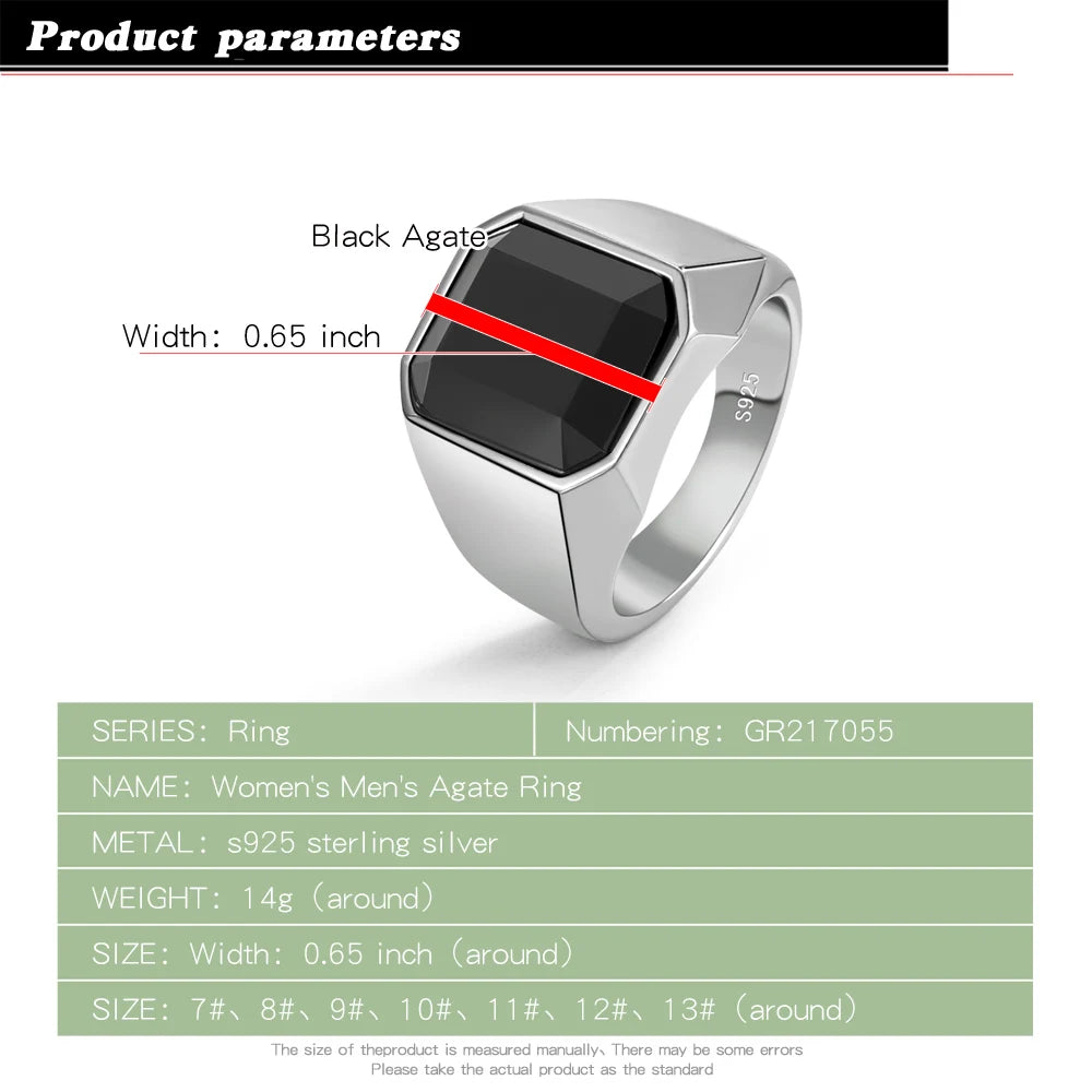 100% 925 Sterling Silver Men Black Onyx Square Agate Signet Ring Woman Index Finger Ring Sizes 6 to 13 Band Boy Jewelry