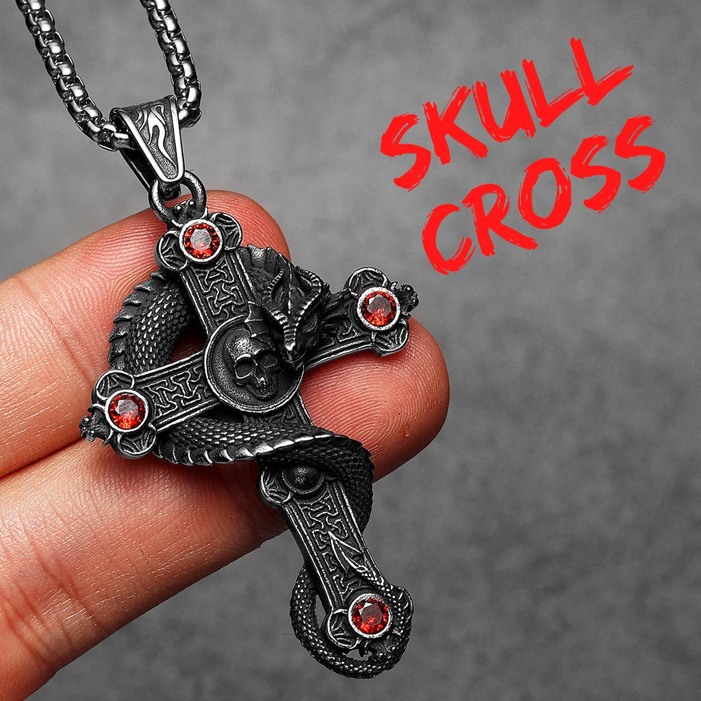 Skull Dragon Cross Pendant Necklace — Steel