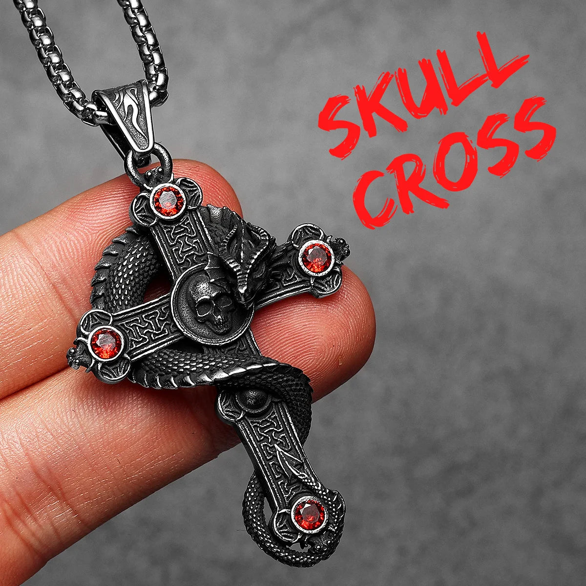 Skull Dragon Cross Pendant Necklace — Steel