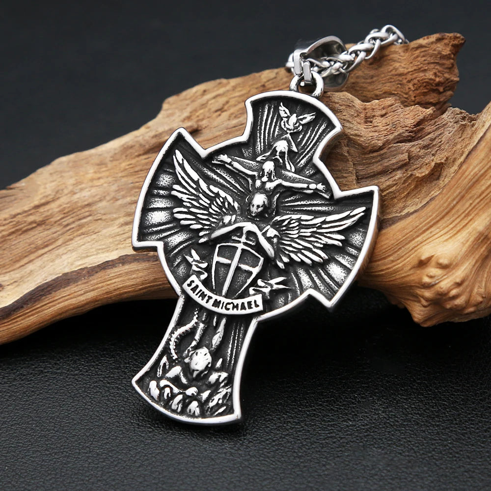 Vintage Stainless Steel Saint Michael Cross Pendant Necklaces For Men Women Fashion Religious Amulet Jewelry Gifts