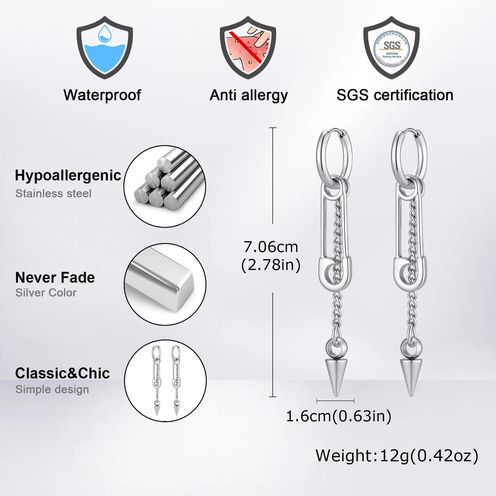 Safety Pin Rivet Chain Tassel Dangle Earrings — Stainless Steel