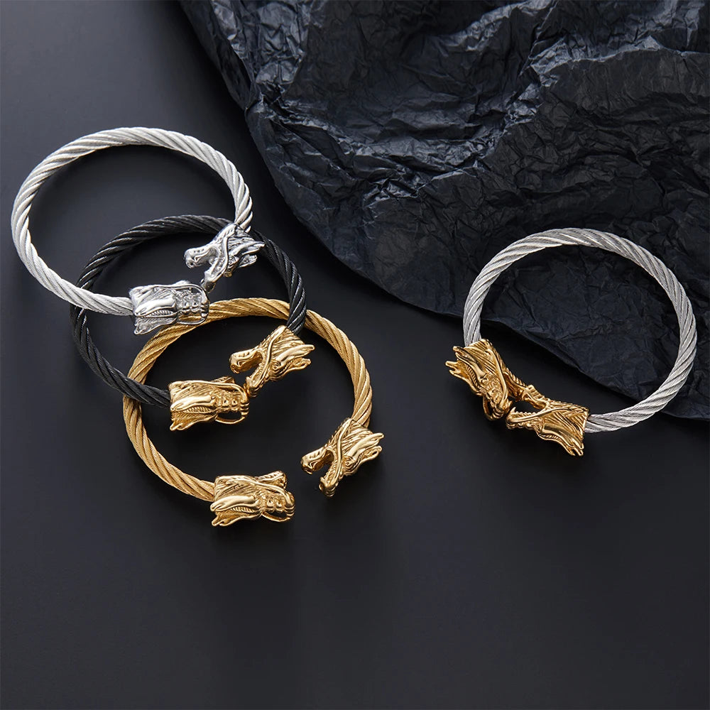 Double Dragon Tip Twisted Wire Cuff Bracelet — Stainless Steel